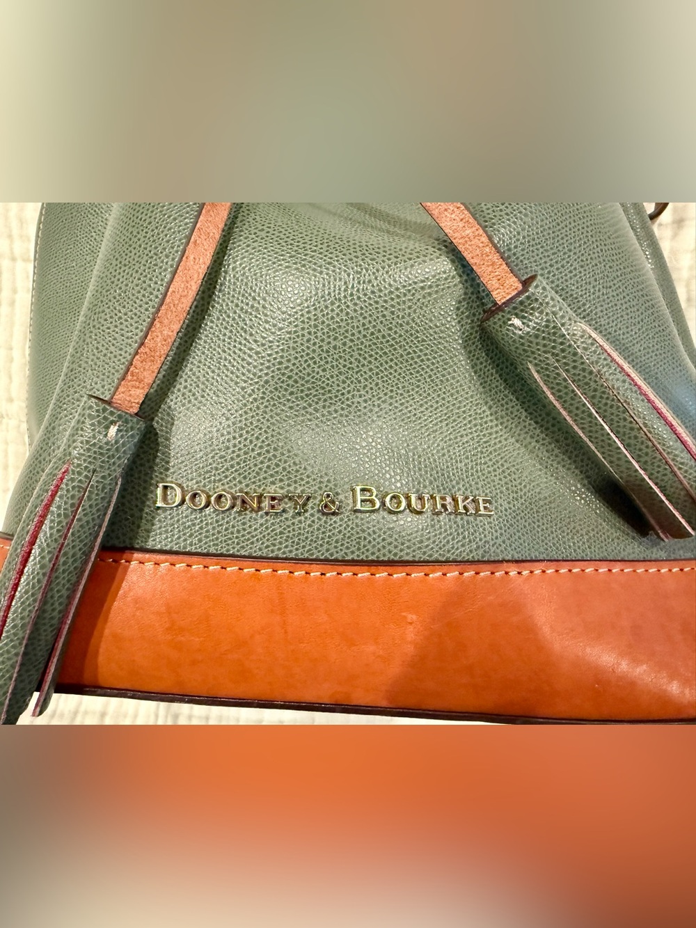 Dooney & Bourke Olive Green Leather Drawstring Bucket Bag w/ Tan Trim - Picture 3 of 9